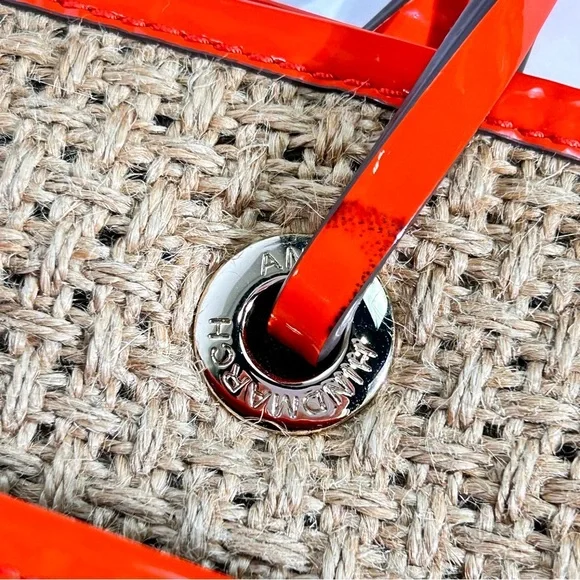 Anya Hindmarch Orange Patent Leather Trim Woven Beach Tote - Picture 12 of 13